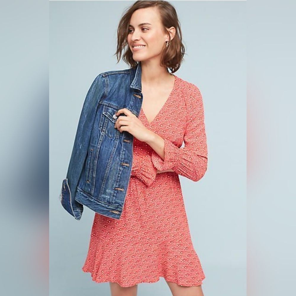 Maeve Coral Printed V-Neck Wrap Dress